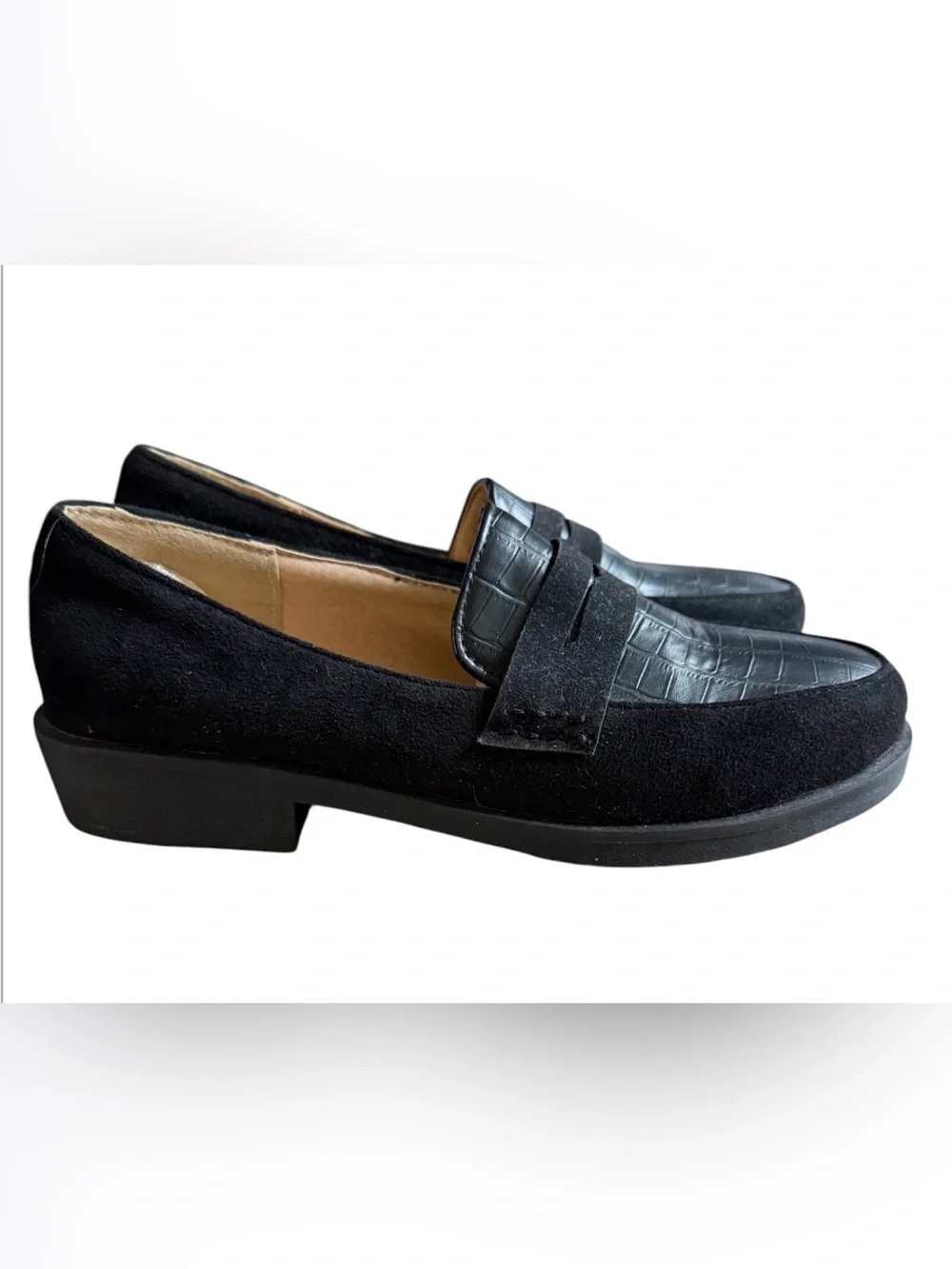 Black Faux Suede Croc Embossed Penny Loafers Slip-On Shoes Women’s Sz 9 (Estimat